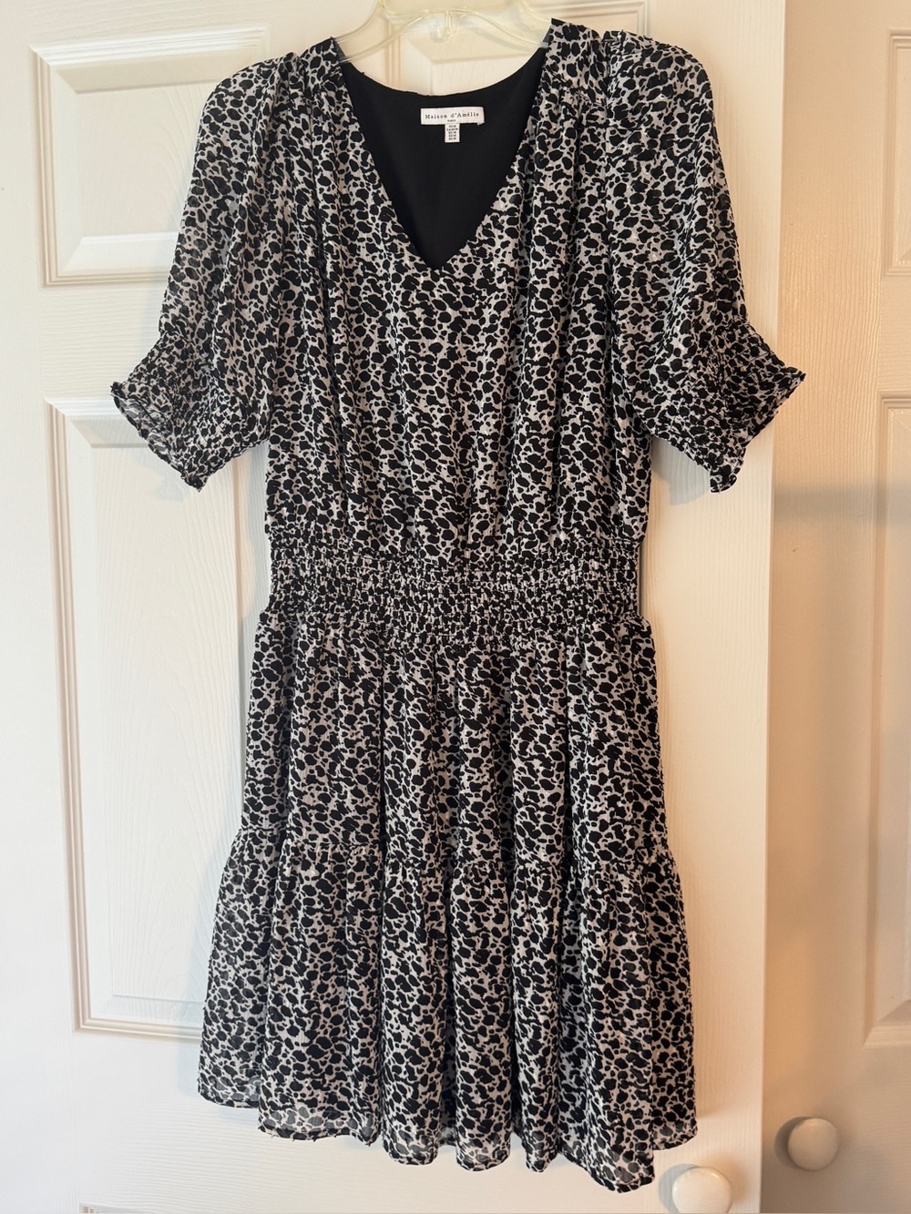 V-Neck Black & White Smocked-Waist Mini Dress